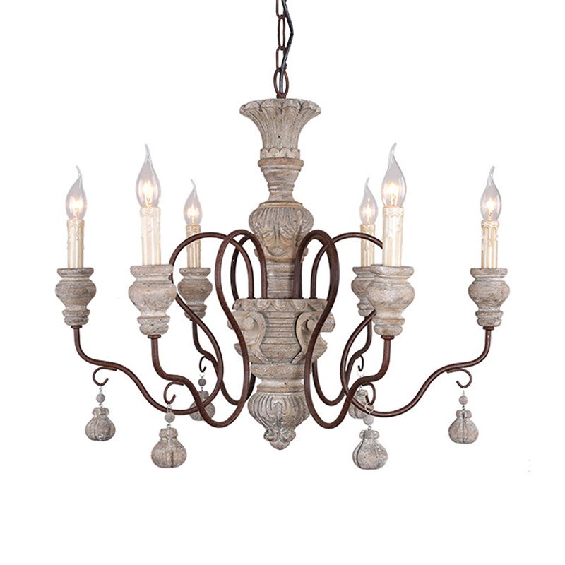 Gray and White Spur Chandelier Lighting Nordic Wood 6 Bulbs Hanging Ceiling Light for Living Room