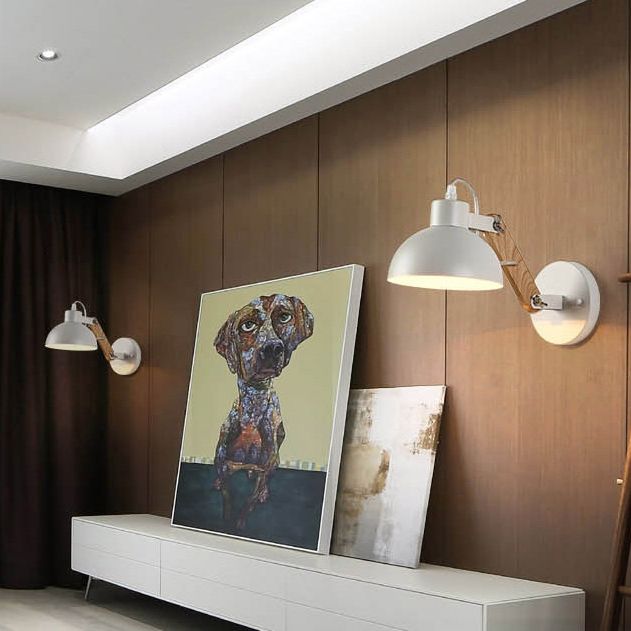 Industrial Wall Lamp with Wood Swing Arm Dome Metal Shade Wall Mount Light for Bedroom Bedside