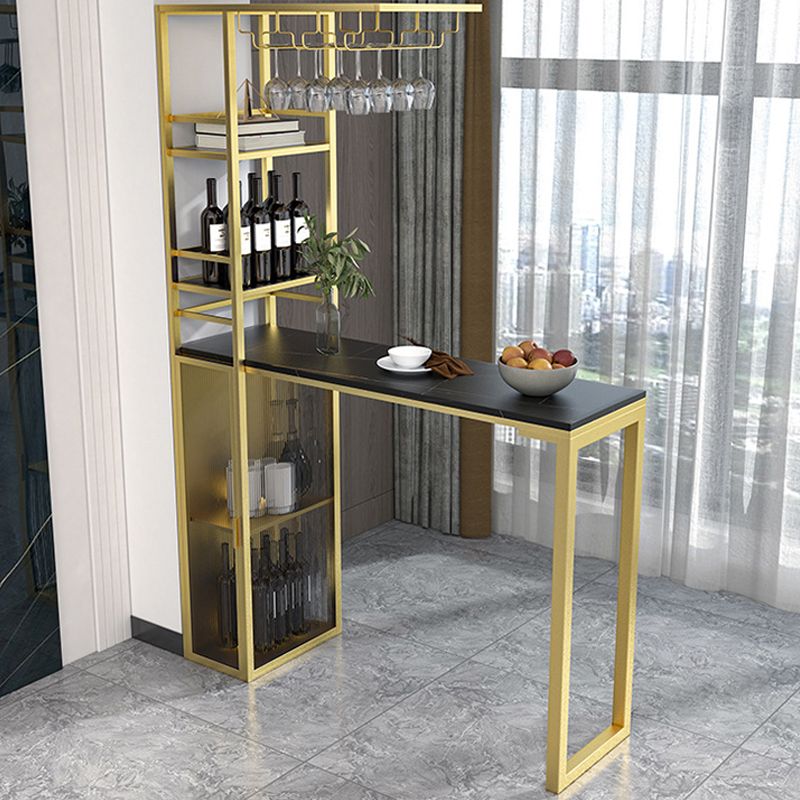 Double Pedestal Pub Table Rectangle Glam Bar Table with Wine Rack