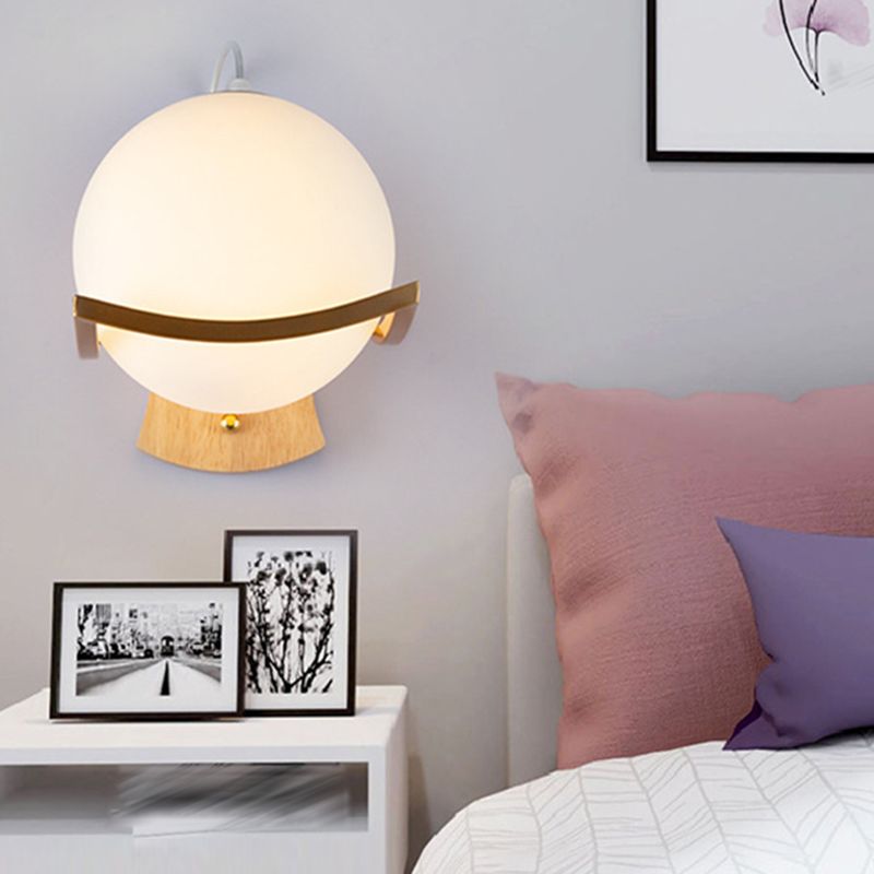 Modern Style Wooden Wall Sconce Glass Shade 1 Light Wall Mount Light Fixture