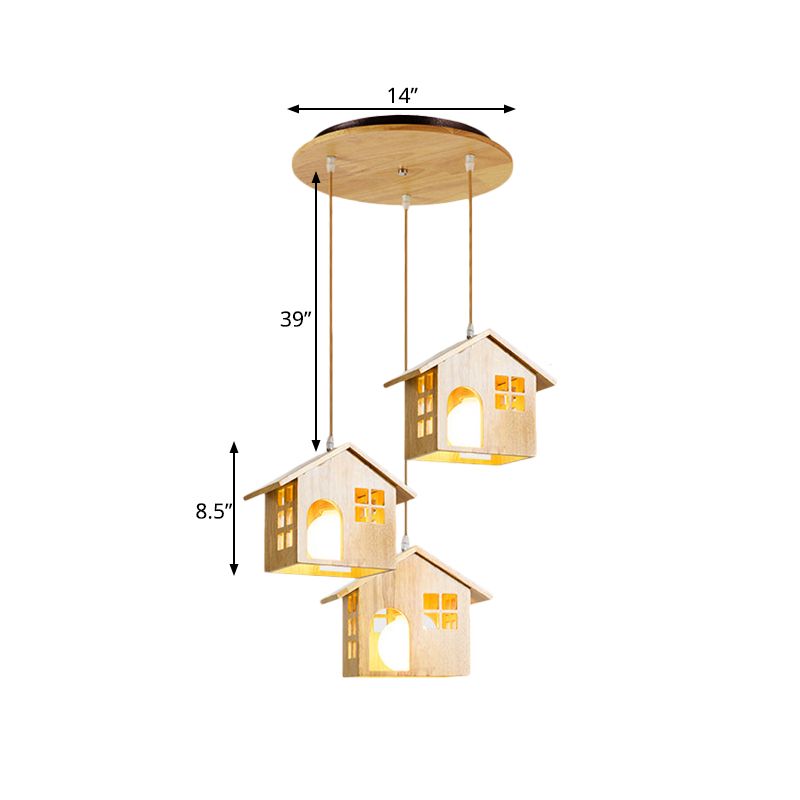 House Multi Hanging Light Fixture Lodge Wood 3 Heads Beige Pendant Lamp over Dining Table