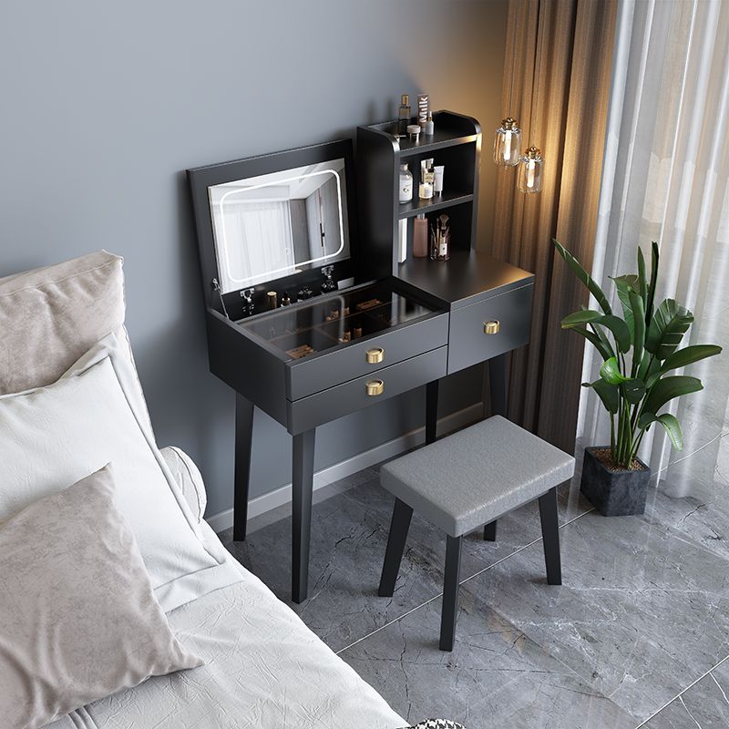 Flip-Top Vanity Table 3-Drawer Stool Vanity Set with Storage Shelves