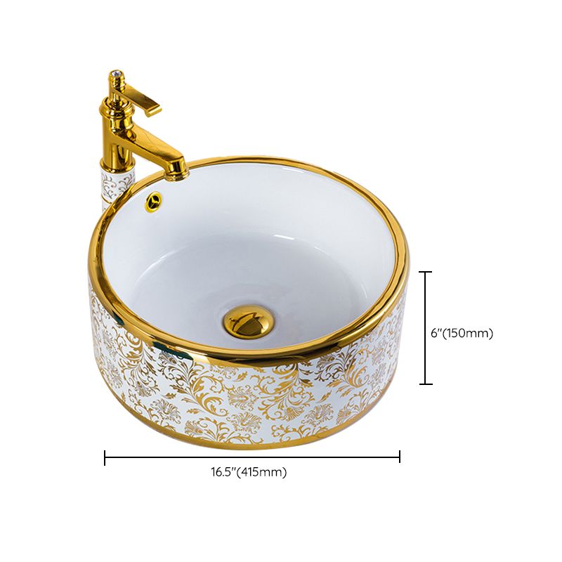 Modern Bathroom Sink Porcelain Round Hand Painted with Overflow and Faucet Wash Stand