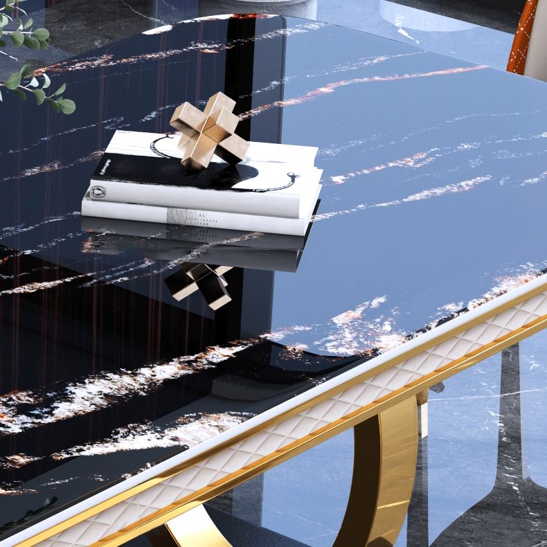 Traditional Luxury Rectangle Dining Table Sintered Stone Table with Gold Trestle Base