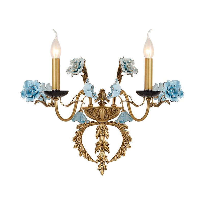 Blaue Wandleuchte mit gebogenem Arm, ländliches Metall, 2 Lichter, Wohnzimmerleuchte mit/ohne Schirm