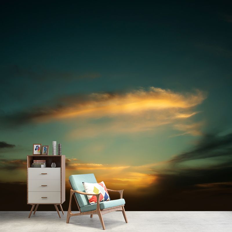 Contemporary Feather-Like Cloud Mural Green-Yellow Living Room Wall Art, Custom Made