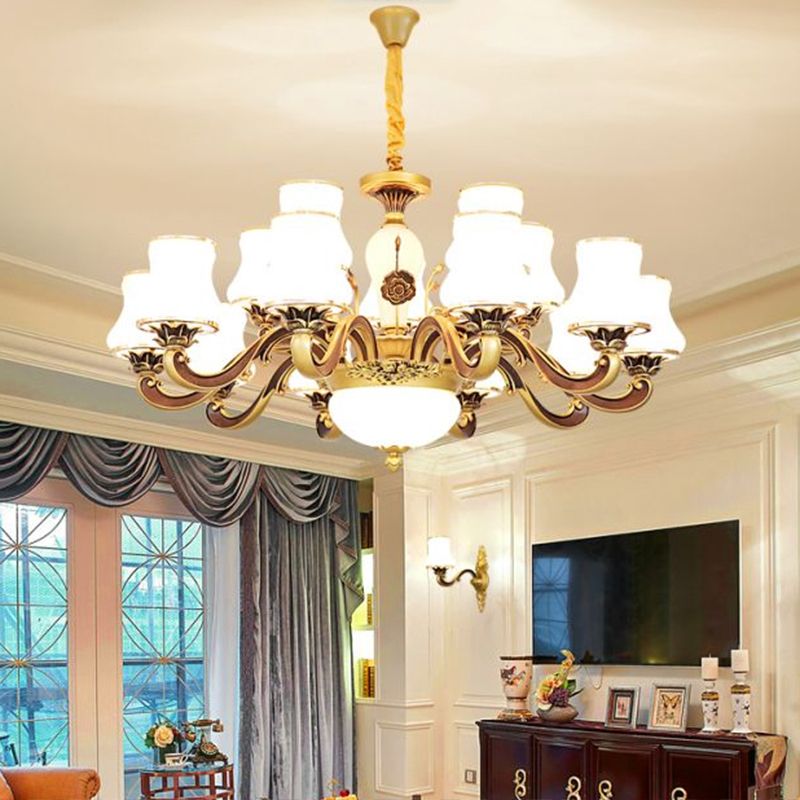 White Glass Flared Chandelier Vintage Dining Room Suspended Lighting Fixture in Brass