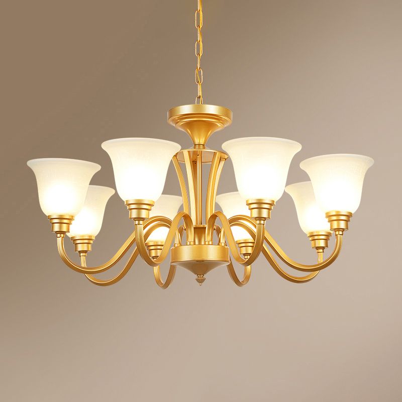 Golden Hanging Chandelier Traditional Frosted Glass Flared Ceiling Light for Living Room