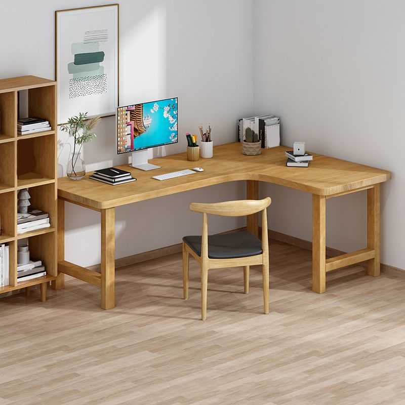 30"H Modern Office Desk L-Shape Natural Solid Wood Writing Desk