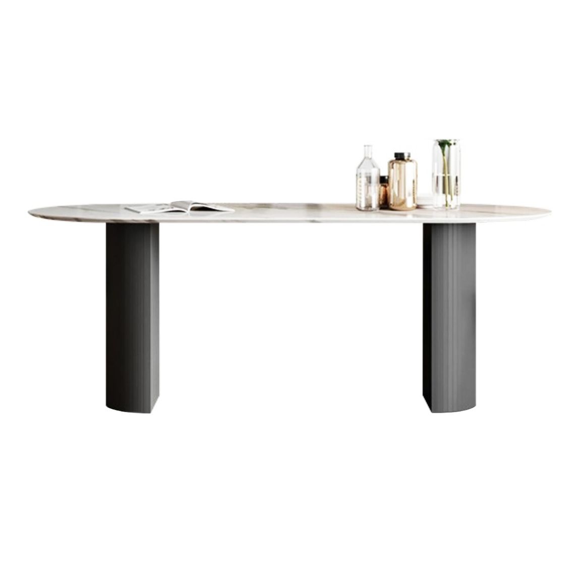Luxury Sintered Stone Top Table Oval White Table with Black Double Pedestal