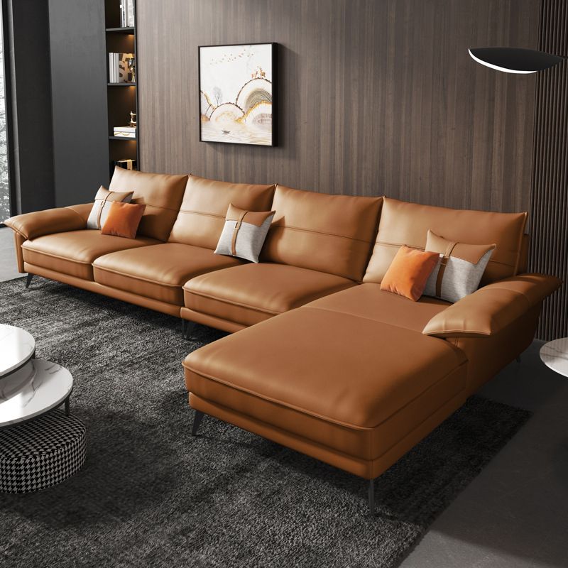 Brown Genuine Leather Sectional Sofa Set Pillow Top Arm Sectionals Couch with Pillows