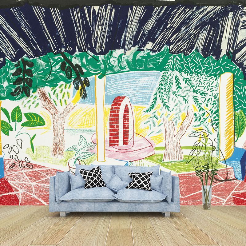 Personalized Illustration Art Mural with A Walk Around the Hotel Courtyard Painting in Multi Color