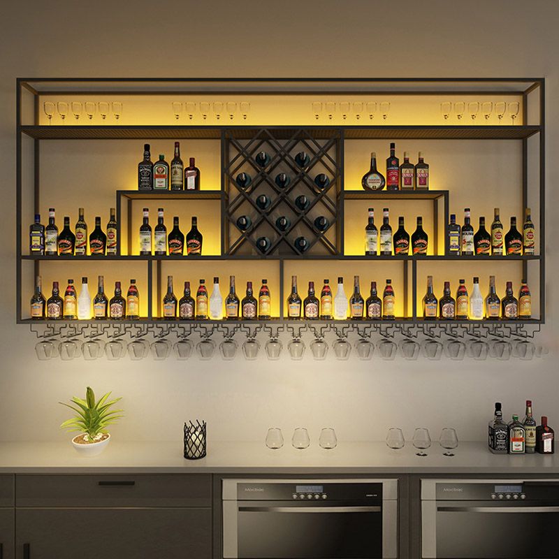 Iron Wine Shelf Modern Style Wall Mounted Wine Holder Rack in Black