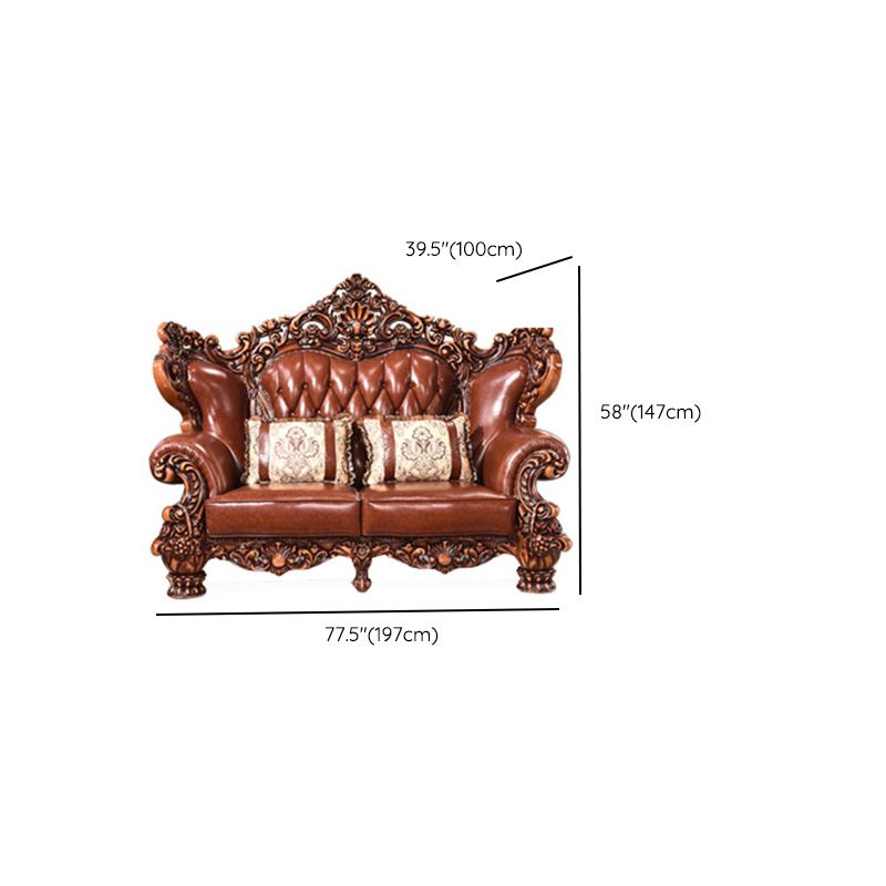 Genuine Leather Sofa Brown Tufted Split-Back Rolled Arm Sofa