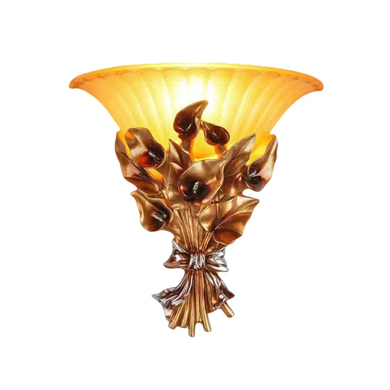 Goldene Blumenwand montieren leichte traditionelle Harz 1 Leichtes Wohnzimmer Leuchten mit ausgestattetem Glasschatten