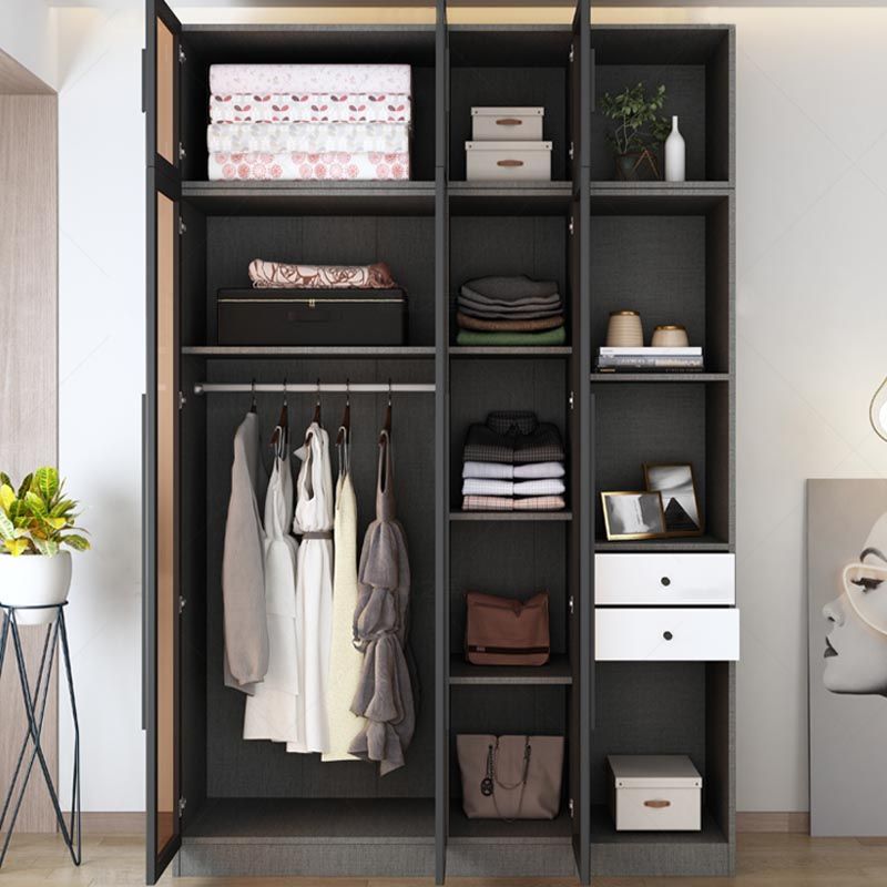 Modern Grey Wardrobe for Home Mirrored Finish Cabinet with Glass Door