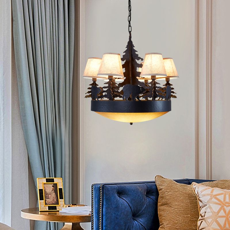 8 Bulbs Bowl Chandelier Light Country Black Opal Glass Hanging Ceiling Fixture with Cone Fabric Shade