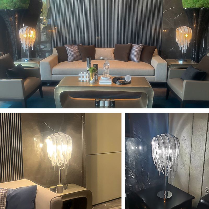 Hand-Woven Aluminum Chain Tassel Table Light Designer 2-Light Silver Accent Lamp for Living Room
