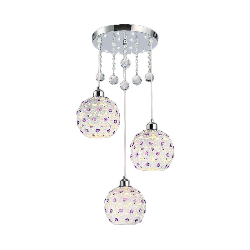 Sphere Multi-colgante Iron Modern 3 luces Techo de acabado blanco Colque de techo con decoración de cuentas de cristal púrpura