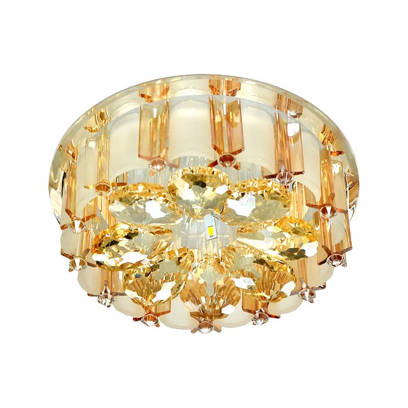 Amber Crystal Flower Flush Light Contemporary LED Hallway Ceiling Flush Mount with Drum Shade