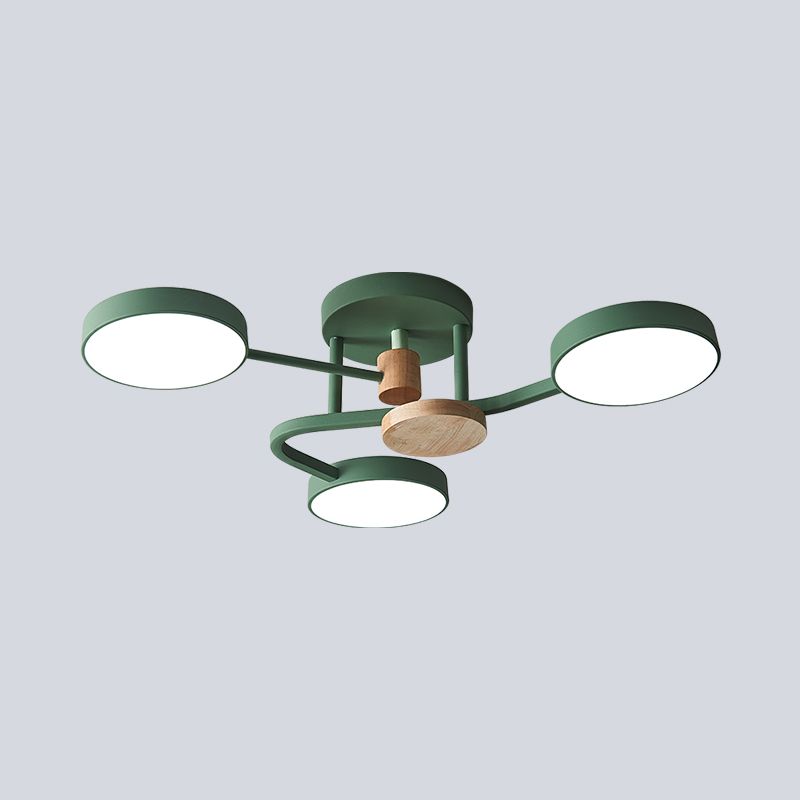 Round Semi Flushmount Lighting Macaron Metallic LED Bedroom Flush Mount Lamp Fixture in Grey/White/Green with Curved Arm