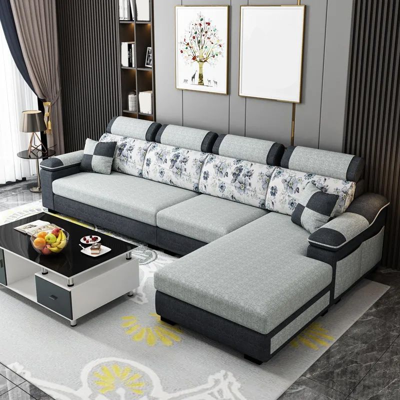 33.46" Tall Grey Sectional Sofa Faux Leather/Linen Flared Arm Modular Sofa