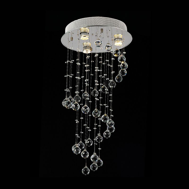 1/3/5-Bulb Crystal Draping Flush Light Modern Stainless Steel Spiral Living Room Ceiling Mount Lamp