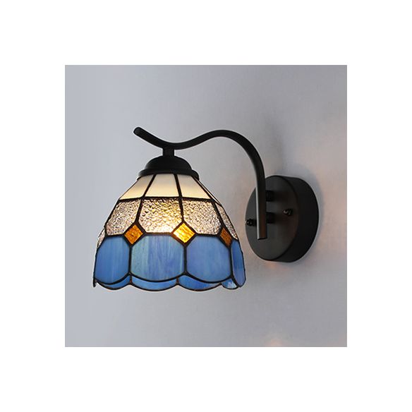 Mediterranean Dome Wall Lighting with Curved Arm Stained Glass 1 Light Sconce Light in White/Clear