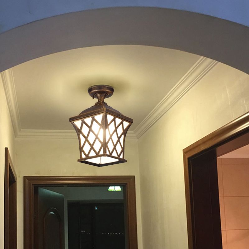Square Frosted White Glass Ceiling Lamp Traditional 1 Bulb Courtyard Semi Flush Mount Light