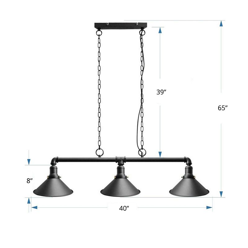 Conical Restaurant Island Light Fixture Industrial Metal 3-Head Black Hanging Ceiling Light