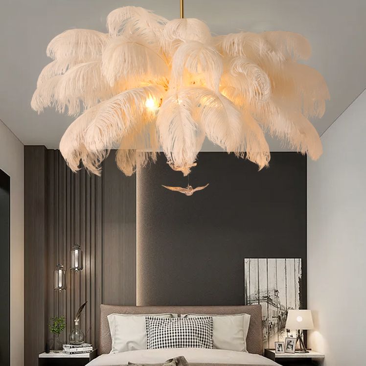 Shaded Ceiling Chandelier Simplistic Feather White Chandelier Light Fixture for Living Room