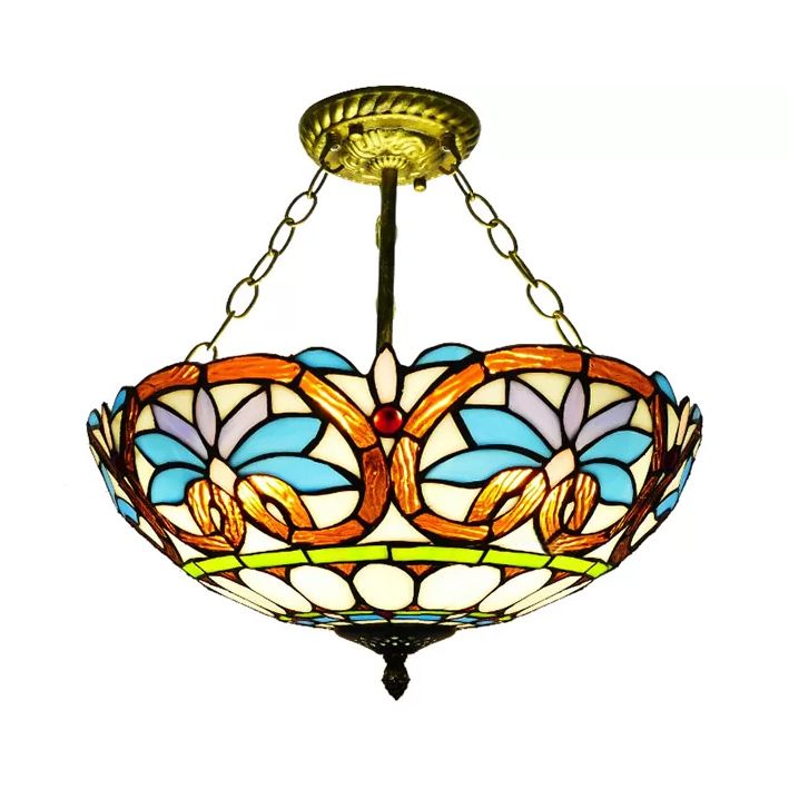 12"/16" Wide Victorian Design Bowl Ceiling Fixture Tiffany Style Stained Glass Semi Flush Mount Light in Red/Purple/Brass/Orange-Blue/Orange-Purple for Villa