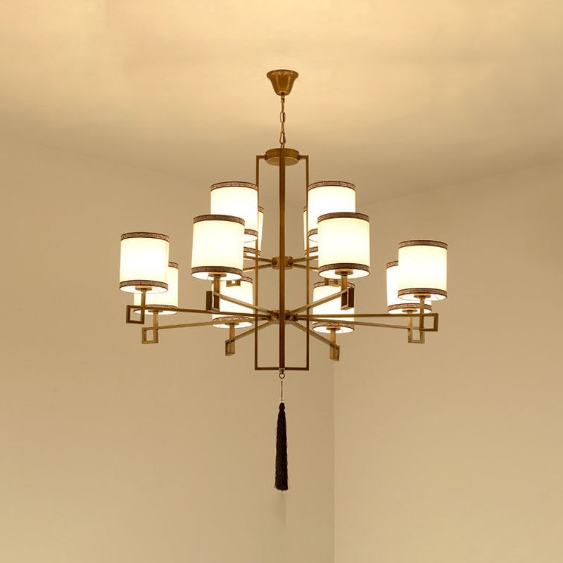 Cylindrical Fabric Suspension Lamp Retro Lobby Living Room Chandelier with Tassel
