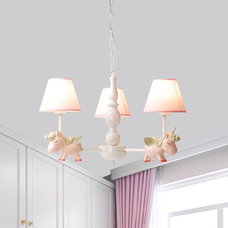 Nursery Room Chandelier, Cartoon Pendant Light Fixture with Pink Bucket Fabric Shade and Unicorn