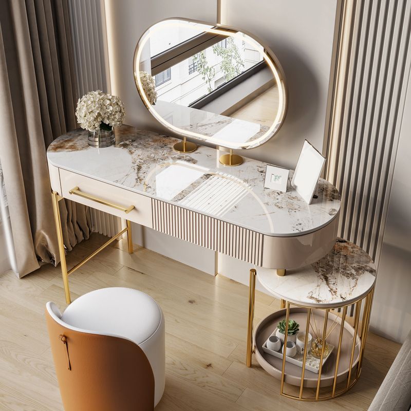 Luxurious Metal Vanity Set with Padded Stool in Beige Vanity