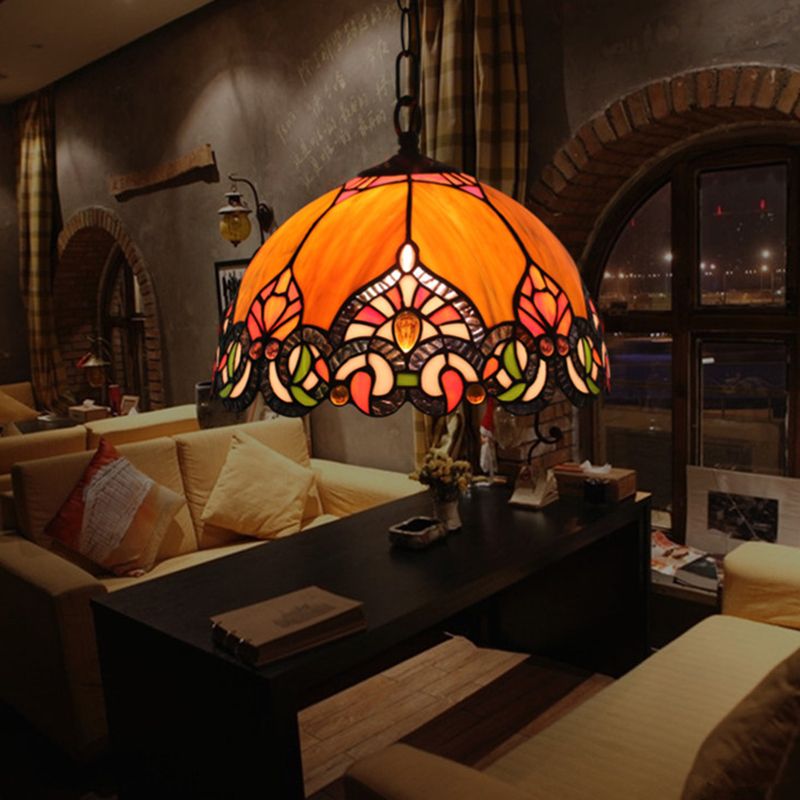 Victorian Domed Ceiling Pendant 1 Light Orange Cut Glass Hanging Light Kit for Living Room