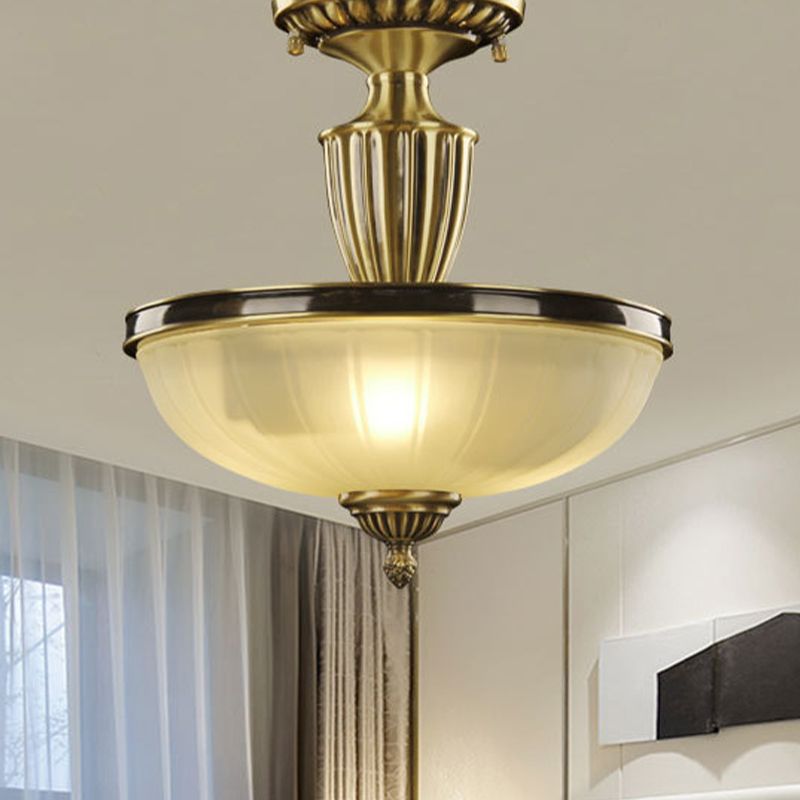 2-Bulb Semi Mount Lighting Retro Dome Frosted Glass Ceiling Light with Urn-Shaped Metal Rod in Gold