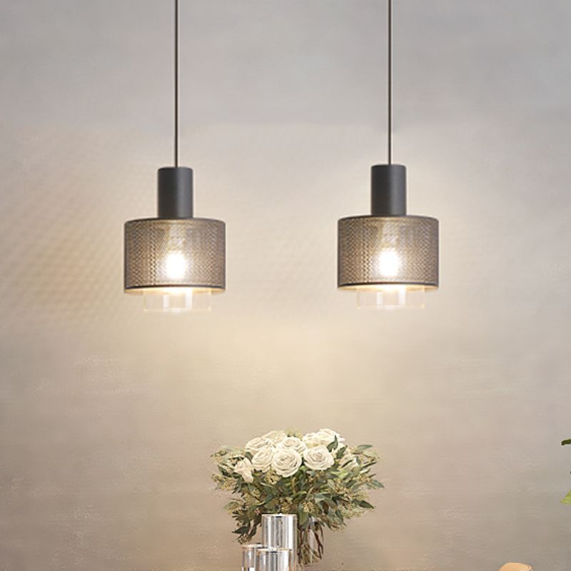 Modern Drum Mesh Pendant Lighting Iron 1 Head Bedside Hanging Ceiling Lamp in Black with Cylinder Clear Glass Shade