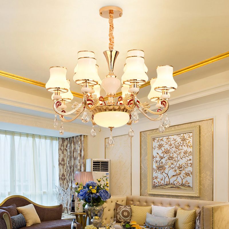 White Glass Bud Ceiling Lighting Traditional Living Room Chandelier Light Fixture with Crystal Draping