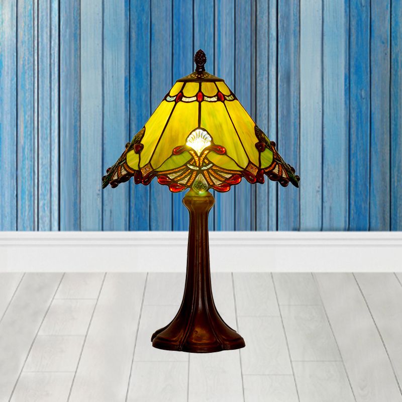 Green Glass Pyramidal Night Light Craftsman Single Coffee Table Lamp with Jewels