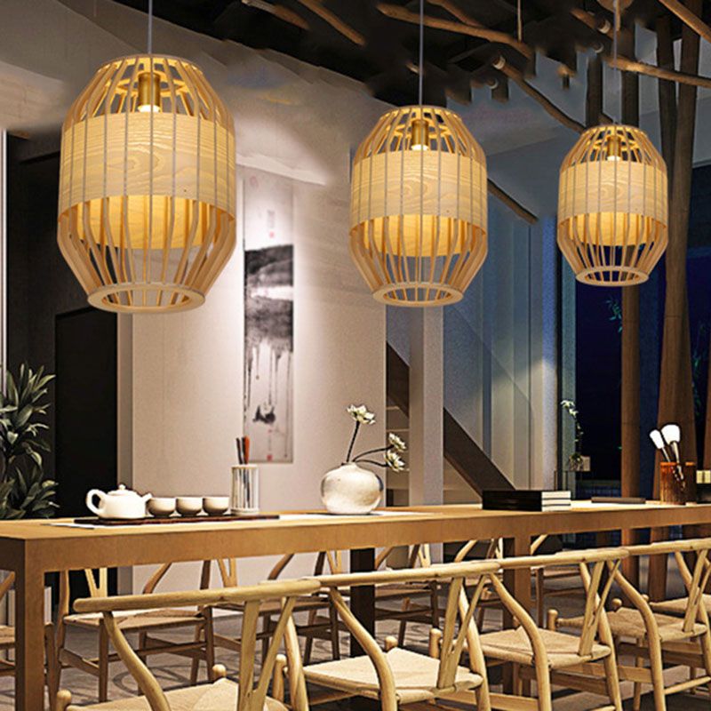 Bamboo Slatted Hanging Light Kit Asian 1 Light Wood Down Lighting Pendant over Table