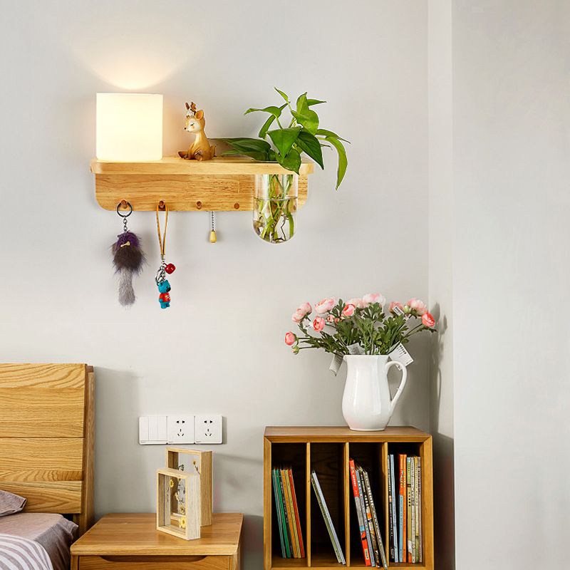Modern Wooden Wall Sconce Simple Wall Light with Glass Shade without Plants