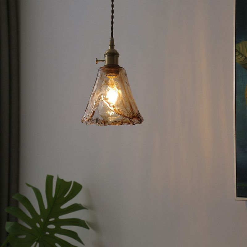 Single-Bulb Hanging Lamp Vintage Bell Cognac Glass Lighting Pendant for Dining Room