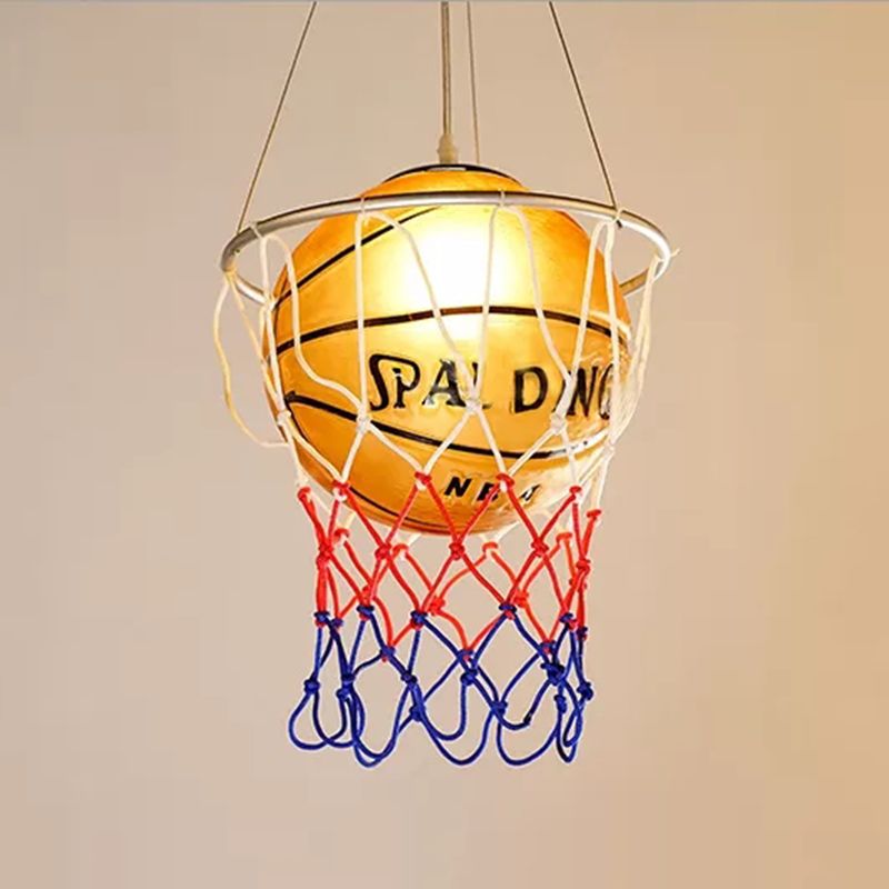 Glass Basketball Pendant Light with Basket Hoop 1 Head Sport Hanging Lamp in Brown for Bedroom