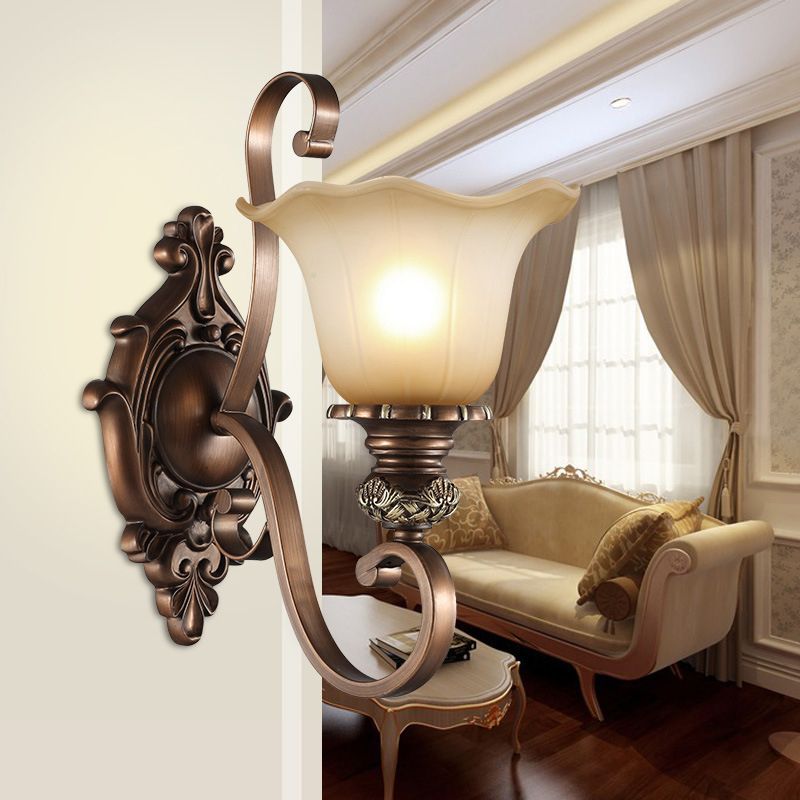 Frosted Glass Floral Shade Wall Light Classic Living Room Wall Lighting Fixture in Brown