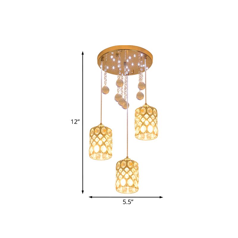 Semplice lampada cilindrica inserita in cristallo appeso a 3 luci cluster ciondolo in oro per camera da letto