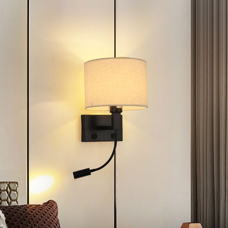 Modern Cylinder Wall Light Fixture Fabric 2 Lights Wall Sconce for Bedroom