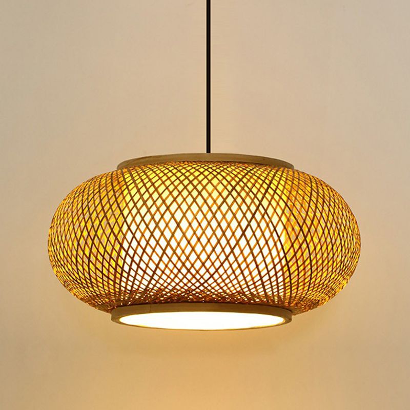 Round Ceiling Hanging Lantern Asian Bamboo 1-Light Beige Suspension Pendant Light