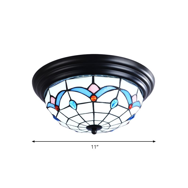 Luminaire encastré en forme de bol Tiffany de 11 "/ 15" de large, plafonnier à 3 lumières en verre taillé en blanc pour couloir