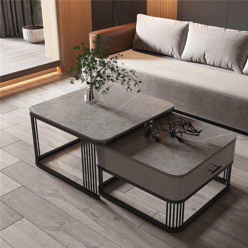 Square Nesting Coffee Table Set Slate Frame Coffee Cocktail Table with Drawer